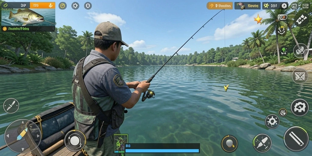 Tampilan gameplay B8VIP saat memancing di danau yang indah.
