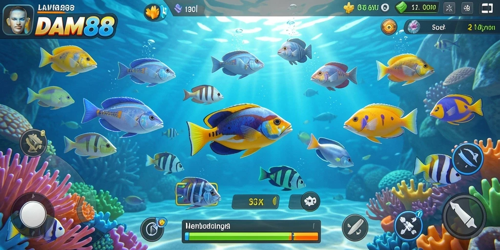 Screenshot gameplay DAM88 dengan aksi menembak ikan.